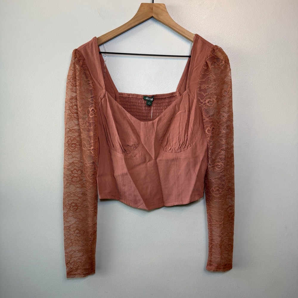 Wild Fable Women's Brown Lace Long Sleeve Corset Top Square Neck Size Medium NWT